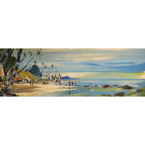 1576 - George Deakins (1911-1992), oil on board, 'Beach scene, St Lucia', signed, 30 x 83cm