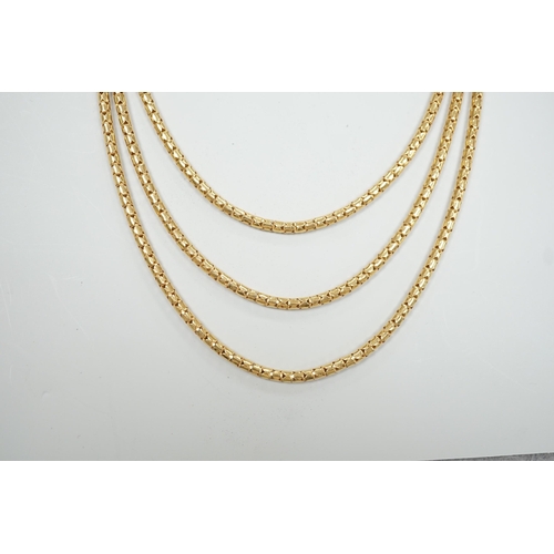 1889 - A modern 18ct gold three strand necklace, 43cm, 15.5 grams.