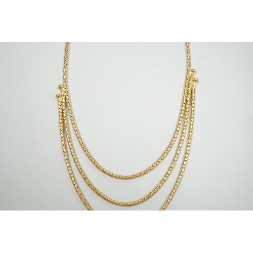 1889 - A modern 18ct gold three strand necklace, 43cm, 15.5 grams.