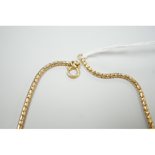 1889 - A modern 18ct gold three strand necklace, 43cm, 15.5 grams.