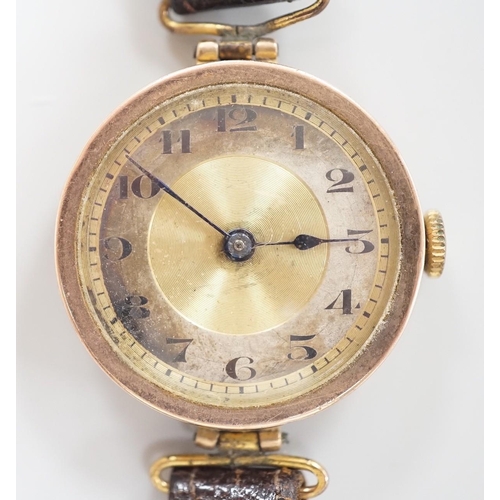 1893 - A lady's early 20th century 9ct gold wrist watch, with Arabic dial and RolWatchCo (Wilsdorf & Davis)... 