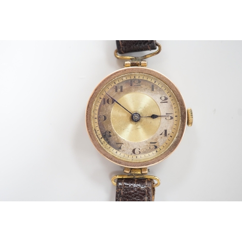 1893 - A lady's early 20th century 9ct gold wrist watch, with Arabic dial and RolWatchCo (Wilsdorf & Davis)... 