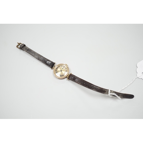 1893 - A lady's early 20th century 9ct gold wrist watch, with Arabic dial and RolWatchCo (Wilsdorf & Davis)... 