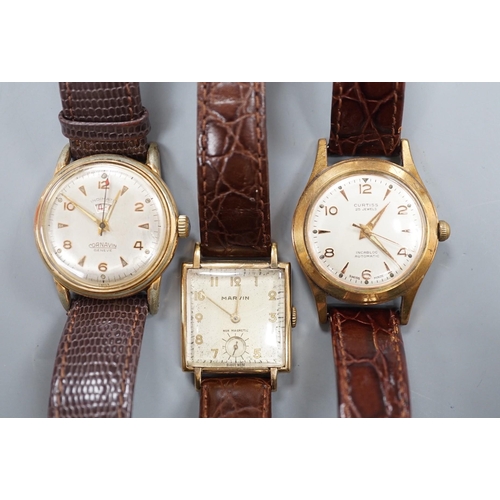 1894 - A gentleman's 1940's 9ct gold Marvin square dial manual wind wrist watch, on a later leather strap, ... 