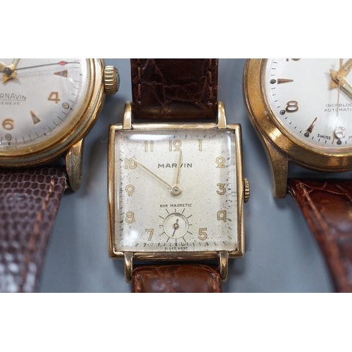 1894 - A gentleman's 1940's 9ct gold Marvin square dial manual wind wrist watch, on a later leather strap, ... 