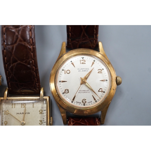 1894 - A gentleman's 1940's 9ct gold Marvin square dial manual wind wrist watch, on a later leather strap, ... 