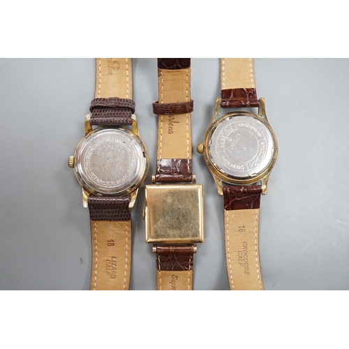 1894 - A gentleman's 1940's 9ct gold Marvin square dial manual wind wrist watch, on a later leather strap, ... 