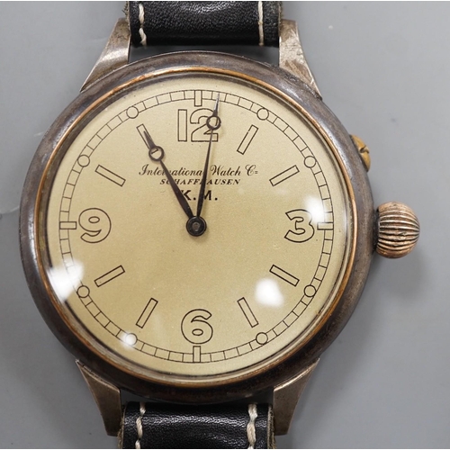 1896 - A Kriegsmarine style gun metal manual wind wrist watch, converted from a pocket watch, with later ad... 