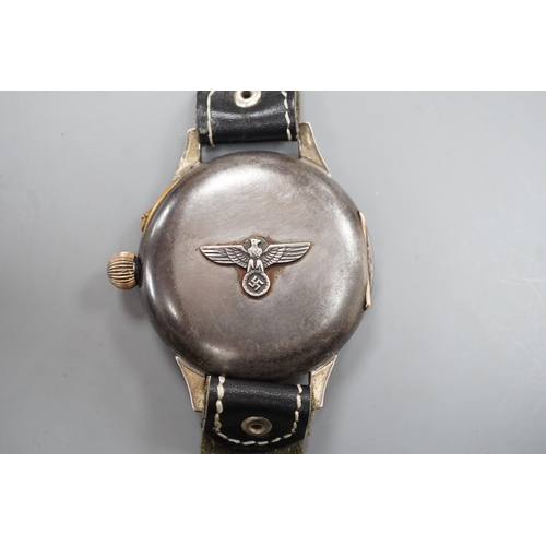 1896 - A Kriegsmarine style gun metal manual wind wrist watch, converted from a pocket watch, with later ad... 