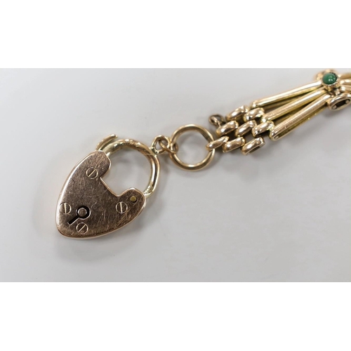 1897 - An Edwardian 9ct and four stone shaped gate link bracelet, with heart shaped clasp, approx. 16.5cm, ... 