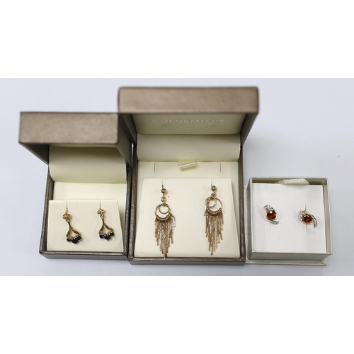 1898 - Three assorted modern pairs of yellow metal earrings, including tassel drop, 9ct gold and three ston... 