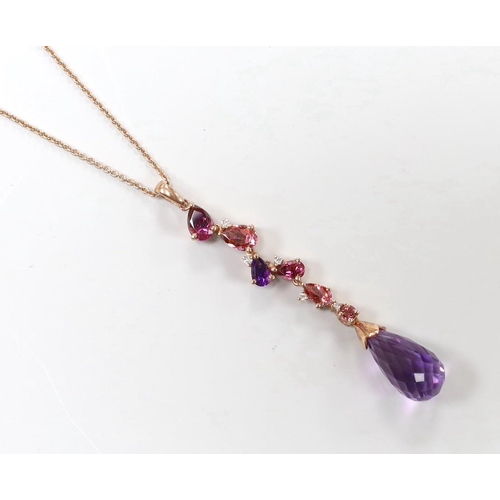 1899 - A modern 9ct gold, garnet, topaz, amethyst and diamond chip set drop necklace, 56cm, gross weight 4.... 