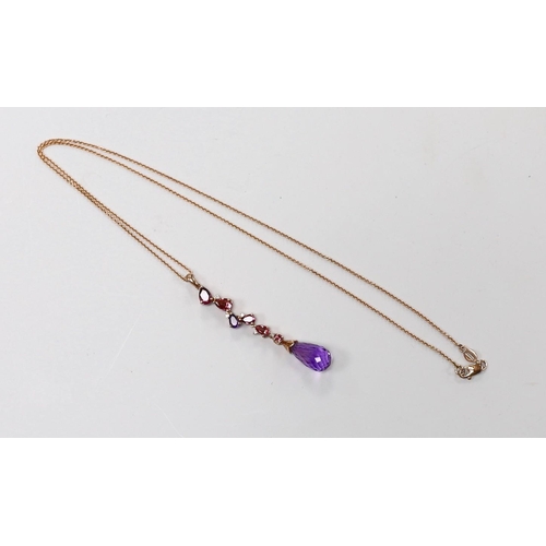 1899 - A modern 9ct gold, garnet, topaz, amethyst and diamond chip set drop necklace, 56cm, gross weight 4.... 