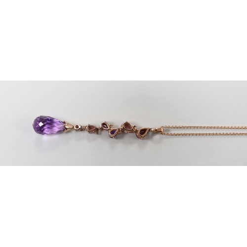 1899 - A modern 9ct gold, garnet, topaz, amethyst and diamond chip set drop necklace, 56cm, gross weight 4.... 