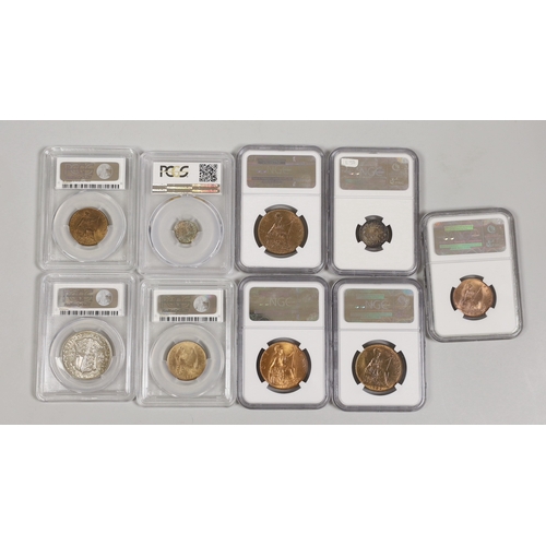 1513 - British coins, NGC and PCGS slabbed and graded - Victoria halfpenny 1862, threepence 1884, halfpenny... 