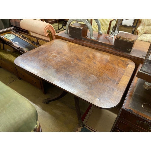 31 - A Regency rectangular rosewood crossbanded mahogany tilt top breakfast table, width 128cm, depth 88c... 