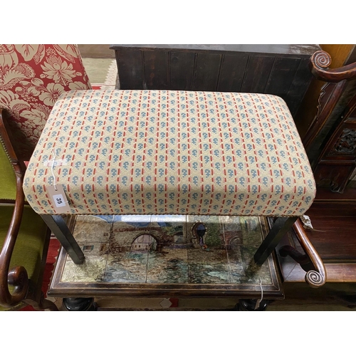 35 - A George III style rectangular upholstered ebonised dressing stool, length 71cm, depth 40cm, height ... 