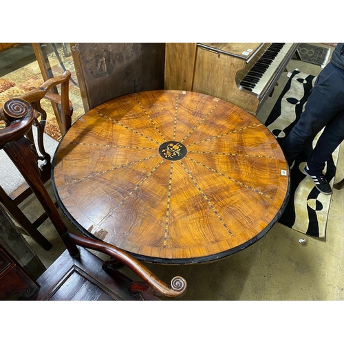 38 - A 19th century inlaid walnut breakfast / centre table (in need of restoration), diameter 110cm, heig... 