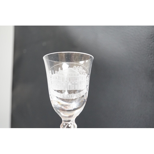 443 - Orrefors by repute - five etched air-twist wine glasses commemorating the Queen Mother, with matchin... 