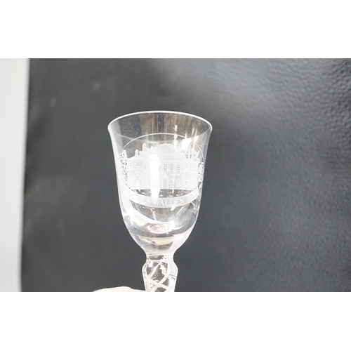 443 - Orrefors by repute - five etched air-twist wine glasses commemorating the Queen Mother, with matchin... 