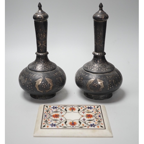 445 - A pair of 19th century Indian Bidri ware water bottles of covers and a Pieter Durer plaque, bottles ... 