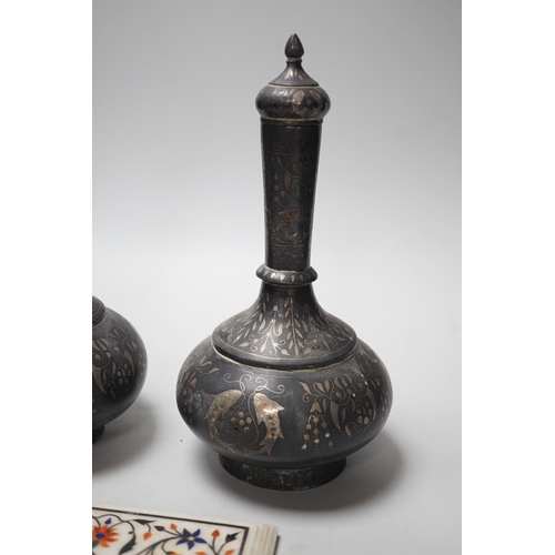 445 - A pair of 19th century Indian Bidri ware water bottles of covers and a Pieter Durer plaque, bottles ... 