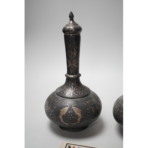 445 - A pair of 19th century Indian Bidri ware water bottles of covers and a Pieter Durer plaque, bottles ... 