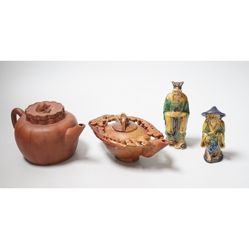 447 - A Chinese carved soapstone pot, a terracotta teapot, and two earthenware figures, tallest figure 11c... 