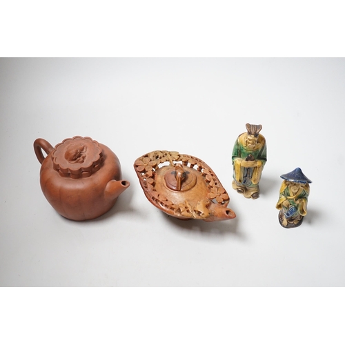 447 - A Chinese carved soapstone pot, a terracotta teapot, and two earthenware figures, tallest figure 11c... 