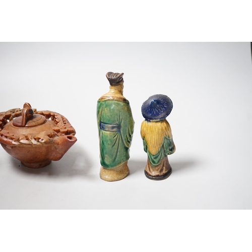 447 - A Chinese carved soapstone pot, a terracotta teapot, and two earthenware figures, tallest figure 11c... 