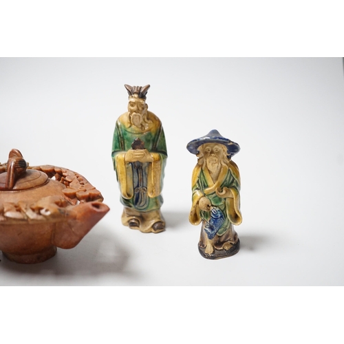 447 - A Chinese carved soapstone pot, a terracotta teapot, and two earthenware figures, tallest figure 11c... 