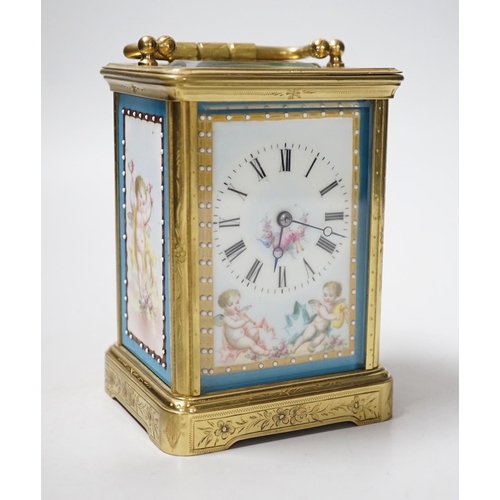 450 - A 19th century engraved brass carriage clock by A Margaine, 14cm