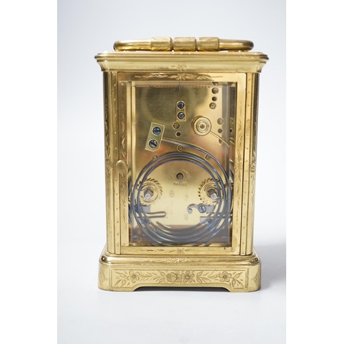 450 - A 19th century engraved brass carriage clock by A Margaine, 14cm