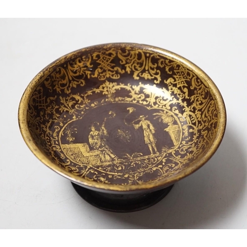 452 - A Bayreuth glazed and gilded footed dish, c.1730-40, in imitation of Böttger stoneware, gilded with ... 