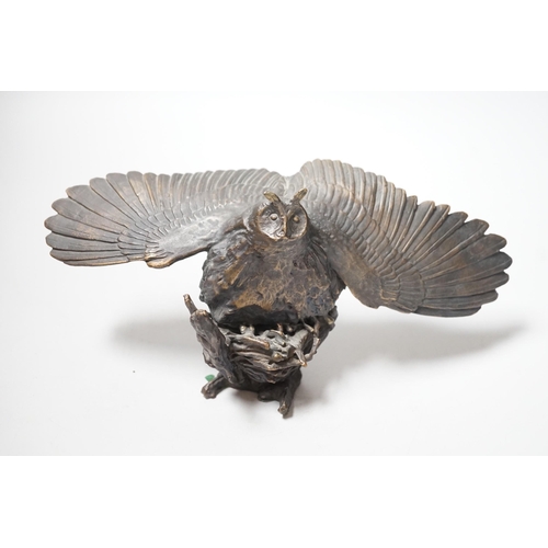 454 - Paul Eaton - a limited edition bronze owl, signed and dated 91. Numbered 013, wingspan 24.5cm... 