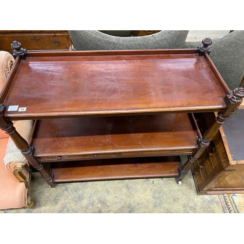 55 - A Victorian mahogany three tier buffet, length 115cm, depth 49cm, height 112cm