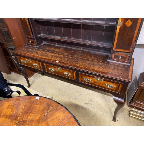 6 - A George III style banded oak dresser, with boarded rack, width 163cm, depth 44cm, height 198cm... 