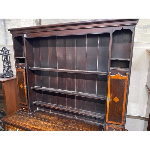 6 - A George III style banded oak dresser, with boarded rack, width 163cm, depth 44cm, height 198cm... 