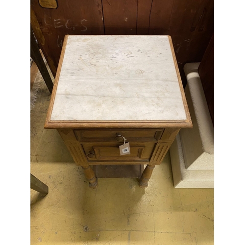 84 - A late 19th century French pine marble topped two tier bedside cabinet, width 38cm, depth 38cm, heig... 