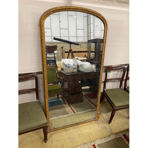 9 - A Victorian giltwood and composition overmantel mirror, width 90cm, height 174cm (re-gilded)