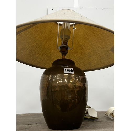 1009 - A pair of contemporary copper table lamps with shades, height including shades, 40cm