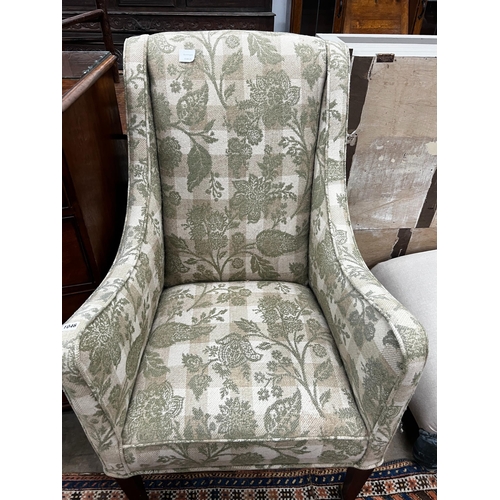 1046 - A 19th century wing armchair upholstered in patterned green floral fabric, width 68cm, depth 75cm, h... 