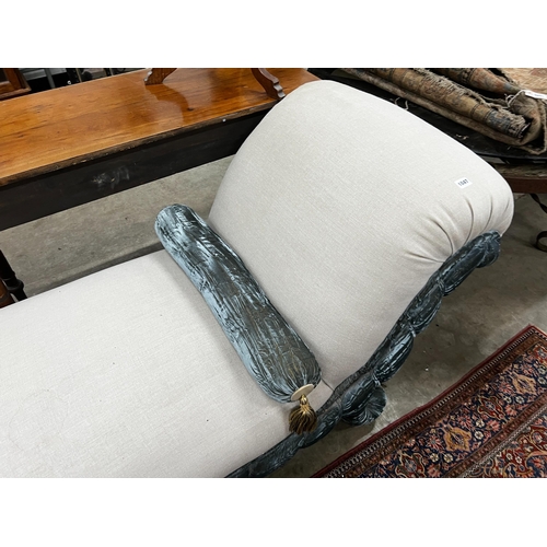 1047 - A Victorian daybed re-upholstered in natural linen fabric and turquoise velvet, width 70cm, length 1... 