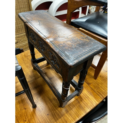 1070 - A small reclaimed oak joint stool, width 57cm, depth 21cm, height 54cm