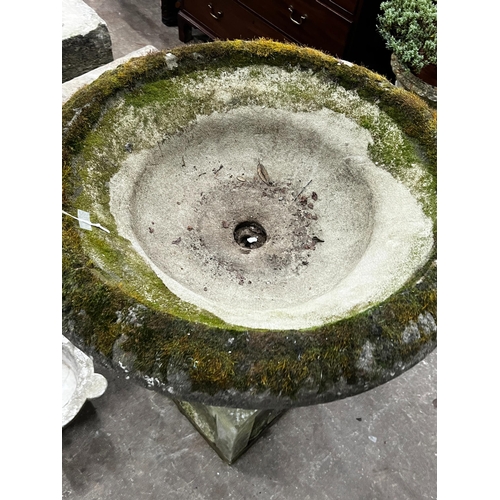 1077 - A reconstituted stone circular campana planter on square plinth, diameter 80cm, height 102cm