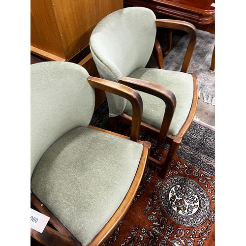 1080 - A set of four Art Deco style walnut upholstered tub elbow chairs, width 55cm, depth 54cm, height 78c... 