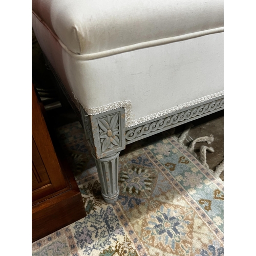 1090 - A pair of Louis XVI style upholstered painted hall bench seats, length 105cm, depth 50cm, height 102... 