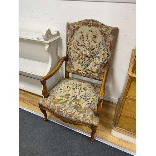 1105 - A pair of Louis XV style needlepoint armchairs, width 65cm, depth 60cm, height 112cm