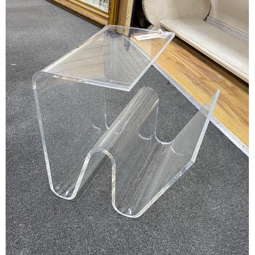 1115 - A 1970s contemporary Plexiglas side table/magazine rack, width 38cm, depth 39cm, height 39cm