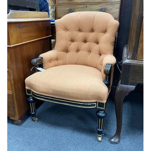 1122 - A small Victorian upholstered ebonised side chair, width 58cm, depth 50cm, height 77cm